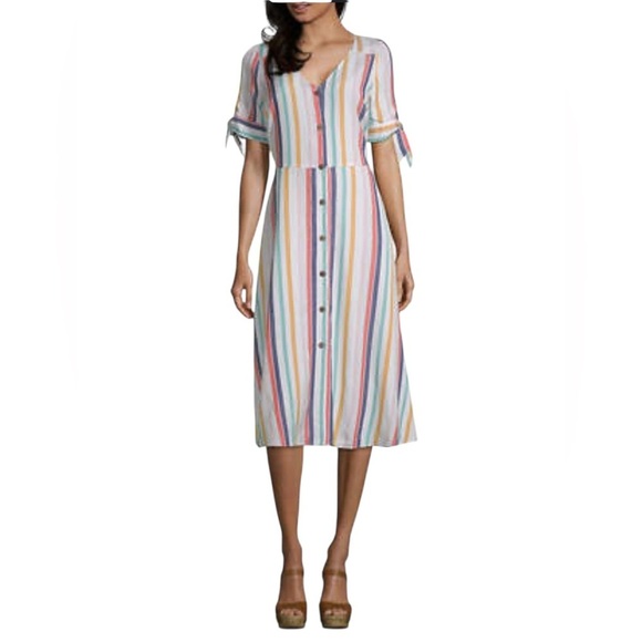 a.n.a Rainbow Striped Midi Sundress with V-Neck and Cuffed Sleeves Linen Blend L - Picture 1 of 10